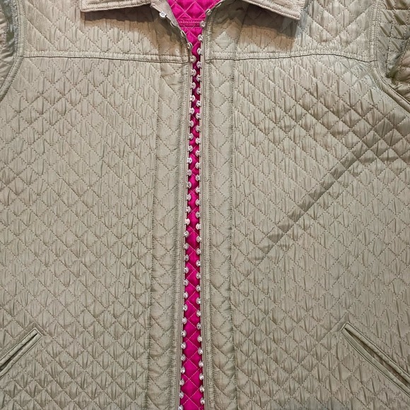 The Quacker Factory Quilted Jacket 1X Green/Pink 100% Silk Zip Embellished Coat - Picture 11 of 12